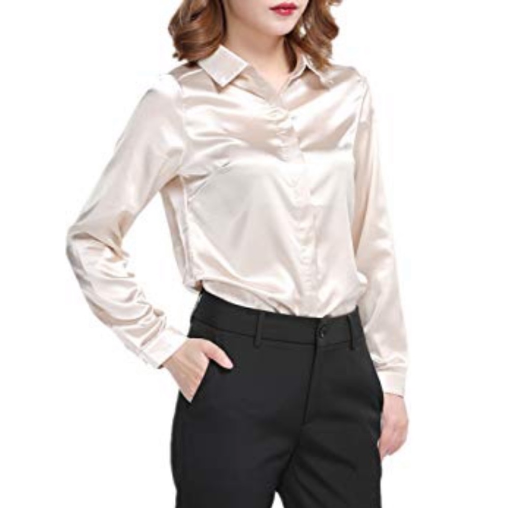 Satin Silk Champagne Long Sleeve Button Down